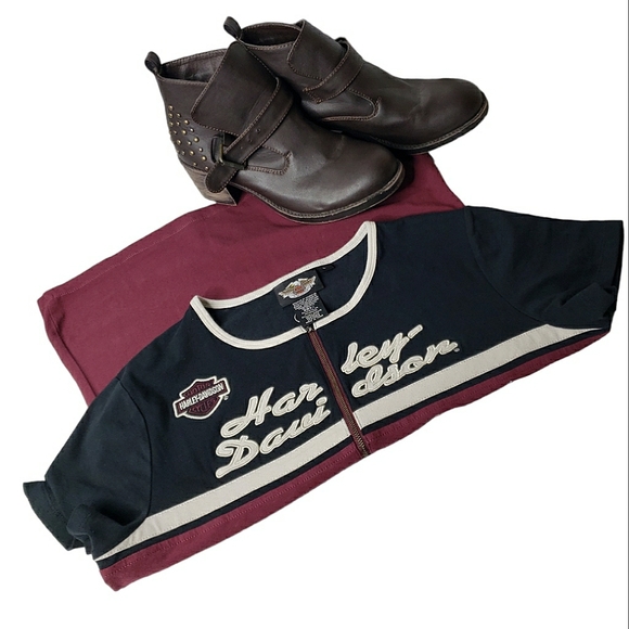 Harley Davidson Quarter Zip Colorblock Embroidered Applique Patch Hog Tee - Picture 3 of 12